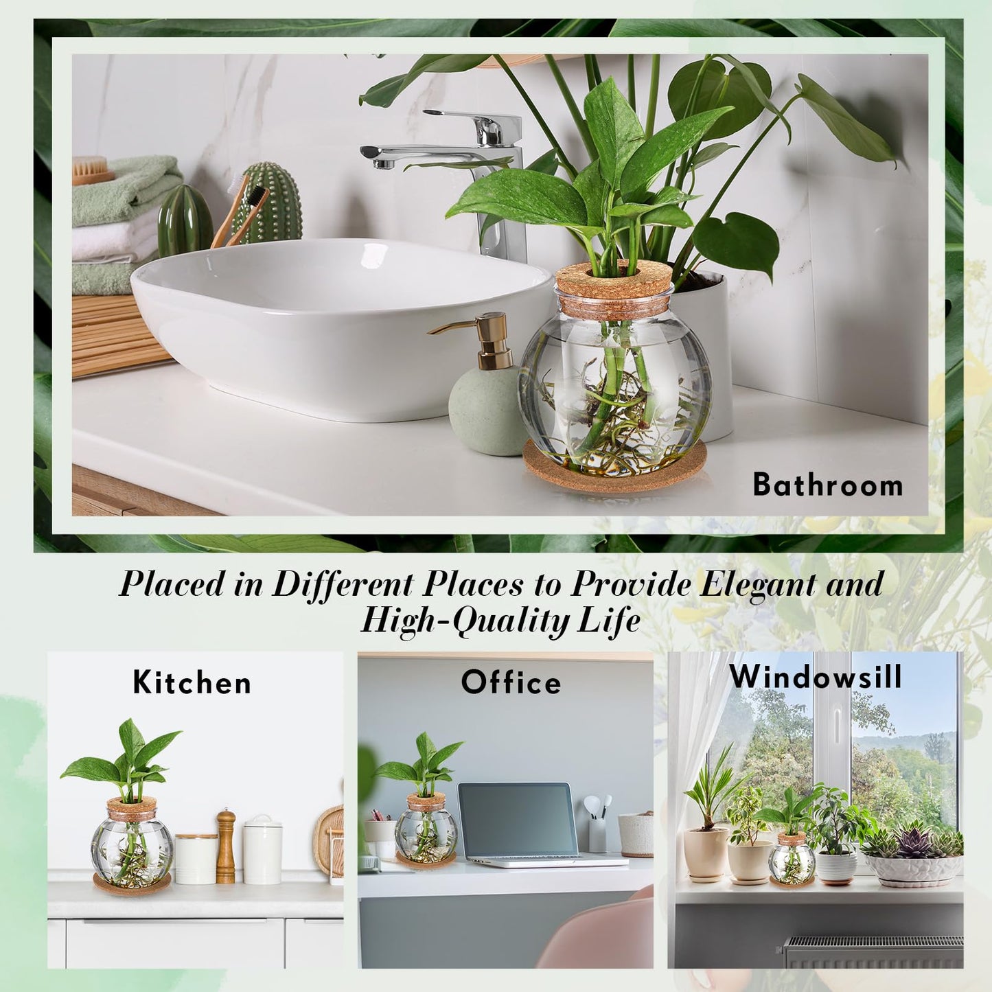 Baderke 12 Packs Propagation Vases for Plants Plastic Plant Propagation Station with Hole Lid and Cork Coasters Plant Growing in Water Hydroponic Home Office Table Decoration(Fish Bowl Style)