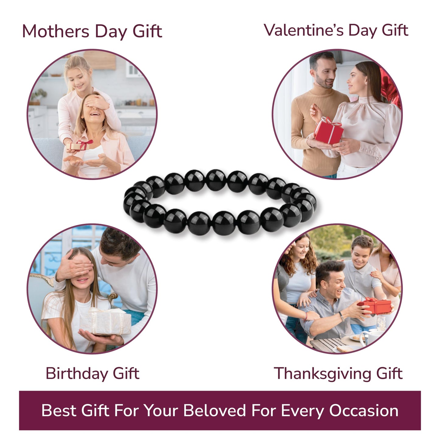 Crystal Vibe Black Obsidian Bracelet - Healing Crystal Bracelet for Spiritual Healing Positive Energy Stress Relief– 8mm Round Black Beaded Bracelets for Women Men - Elastic Adjustable Size