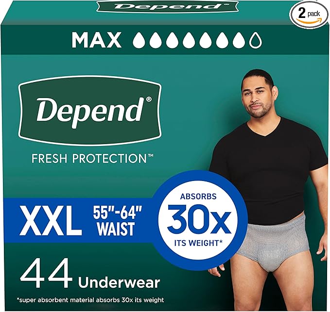 Depend Fresh Protection Adult Diapers, Incontinence Underwear for Men, Disposable, Maximum, Extra-Extra-Large, Grey, 44 Count (2 Packs of 22), Packaging May Vary