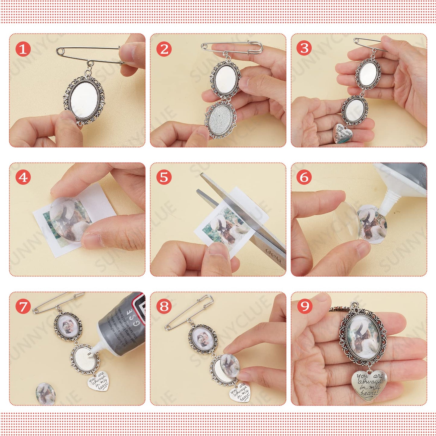 SUNNYCLUE 1 Box 100Pcs DIY 10 Sets Wedding Bouquet Photo Charms Making Kit Bridal Boutonniere Photo Charm Safety Pin Memory Brooch Lobster Claw Angel Pendants Trays and Domes Cabochon Setting Crafting