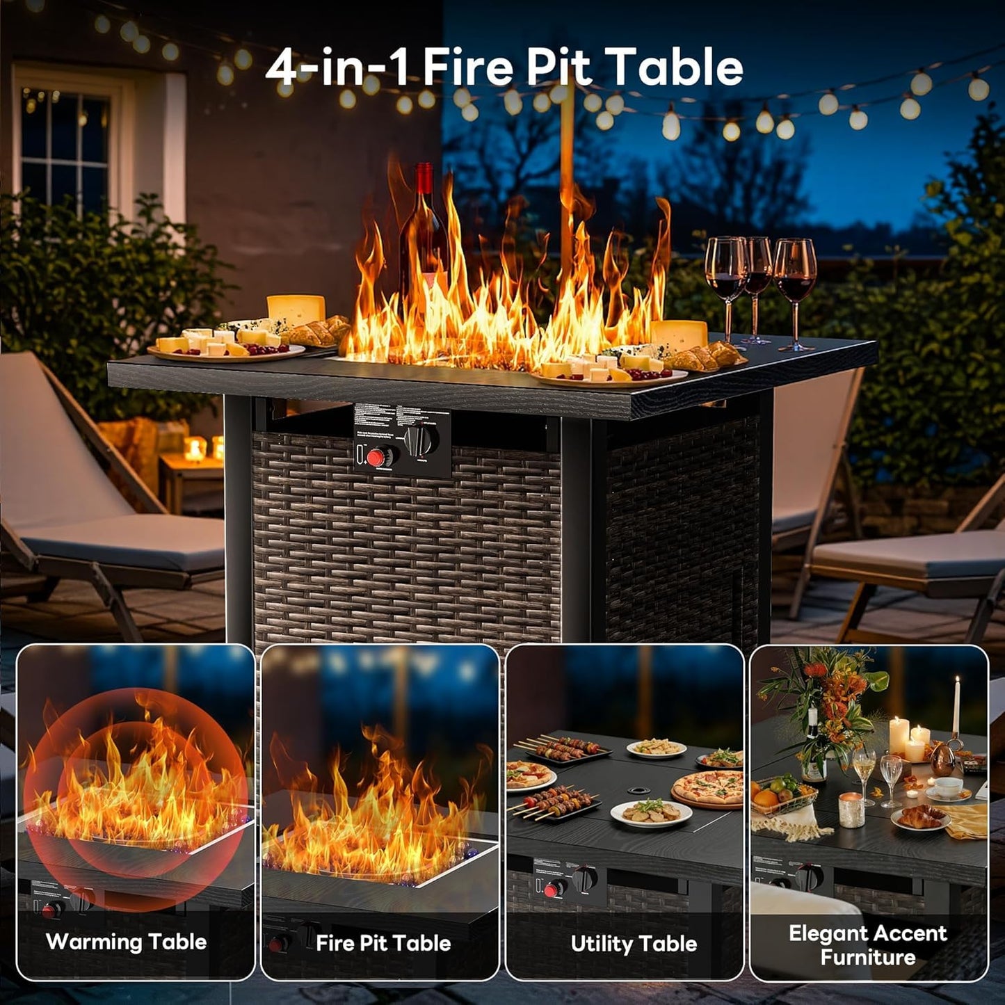 28 Inch Outdoor Propane Fire Pit Table, 50000 BTU Square Rattan Propane Fire Pit with Steel Tabletop & Removable Lid, 4-in-1 Gas FirePit Table with Glass Stones for Patio, Backyard