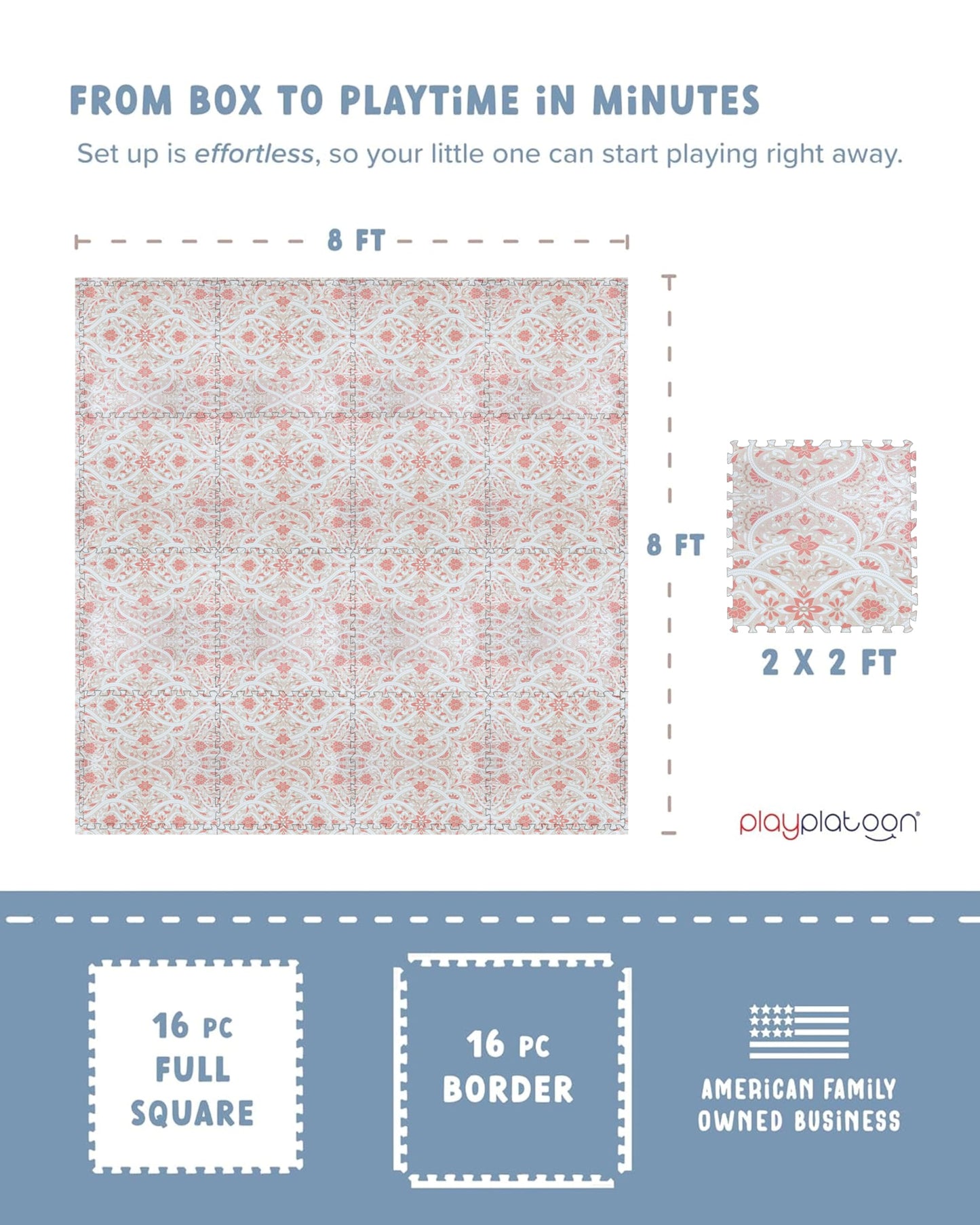 Play Platoon Non-Toxic Large Baby Play Mat for Floor, 16 Tile 96 x 96 inch - Extra-Thick Interlocking Foam Floor Tiles 24 x 24 in Puzzle Mat Pieces with Border, Playmat for Toddlers & Children - Petal