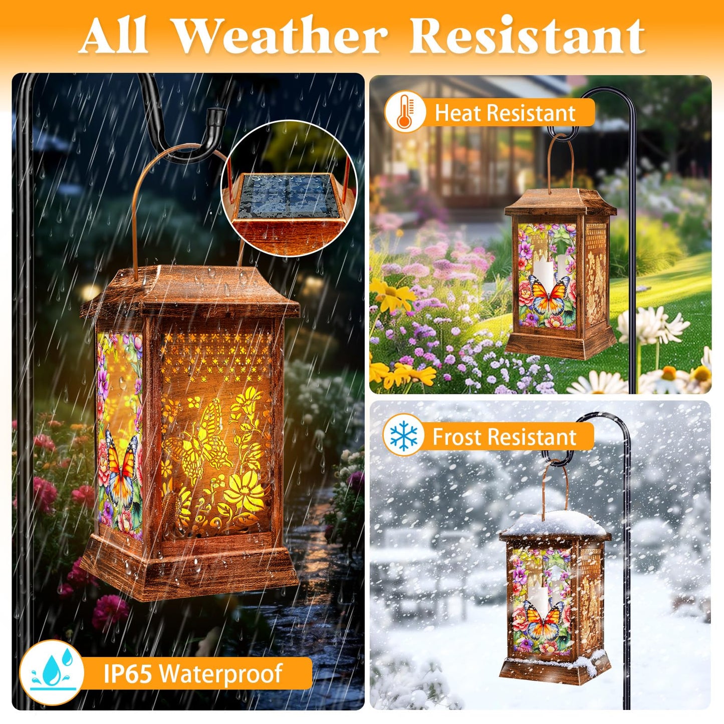 Butterfly Solar Lanterns Outdoor Waterproof, Metal & Glass Hanging Lights Garden Decor, Birthday Gifts for Women Mom Grandma Mothers Day, Decorative Lights for Outside Yard Patio Backyard Porch
