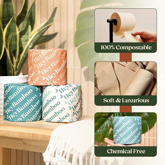 12 - HeyBamboo 100% Bamboo 3-Ply Toilet Paper, Ubleached, Non Toxic, 12 Double Rolls, 360 Sheets, FSC Certified, Soft & Strong, Pack of 12, Plastic-Free