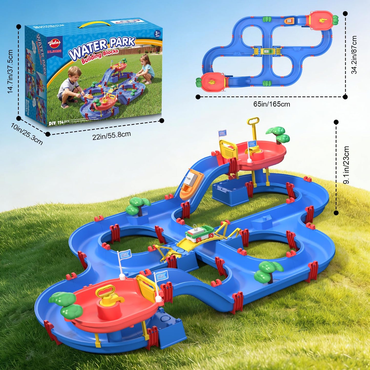 VATOS 2-Tier Toddlers Water Table Toy, 114 PCS DIY Dual-Basin Water Pump, Summer Outdoor Water Toys Backyard, Beach, Balcony, Garden Fun Water Playset for Girls, Boys 3-5 Years Old Pets Families