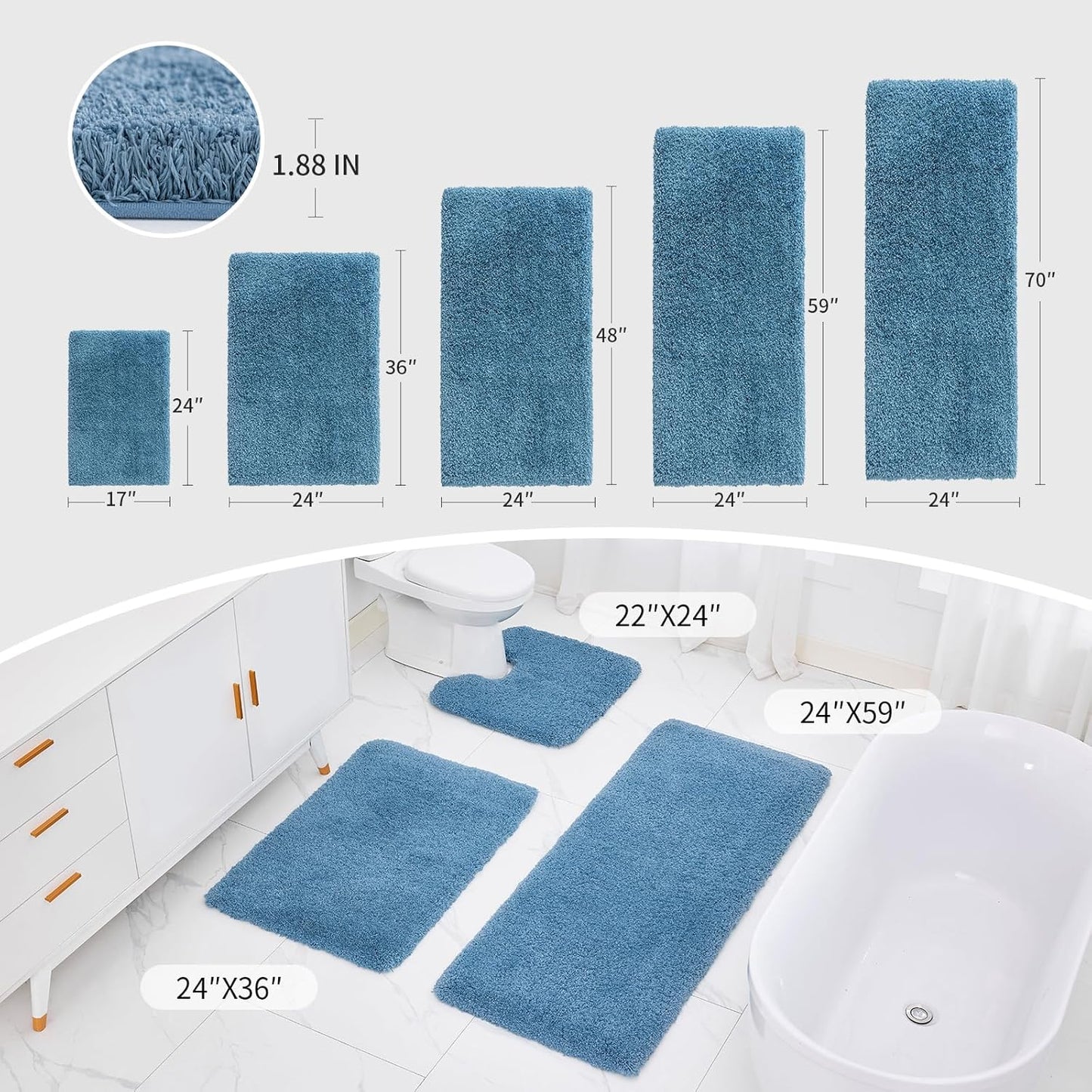 Blue Bathroom Rug 24x48 Non Slip Fluffy Bath Mat for Bathroom Floor Washable Plush Luxury Bath Rug for Tub Soft Shaggy Absorbent Shower Sink Mat