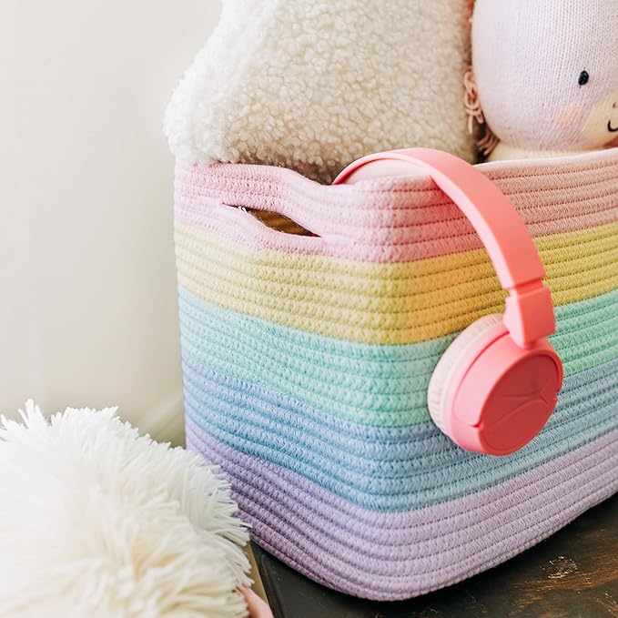 OrganiHaus Set of 3 Pastel Rainbow Woven Storage Baskets for Shelves, Decorative Organizer Bins for Kids Room, Nursery & Classroom, Colorful Toy Storage Basket for Playroom Decor – 15x9x10 inches