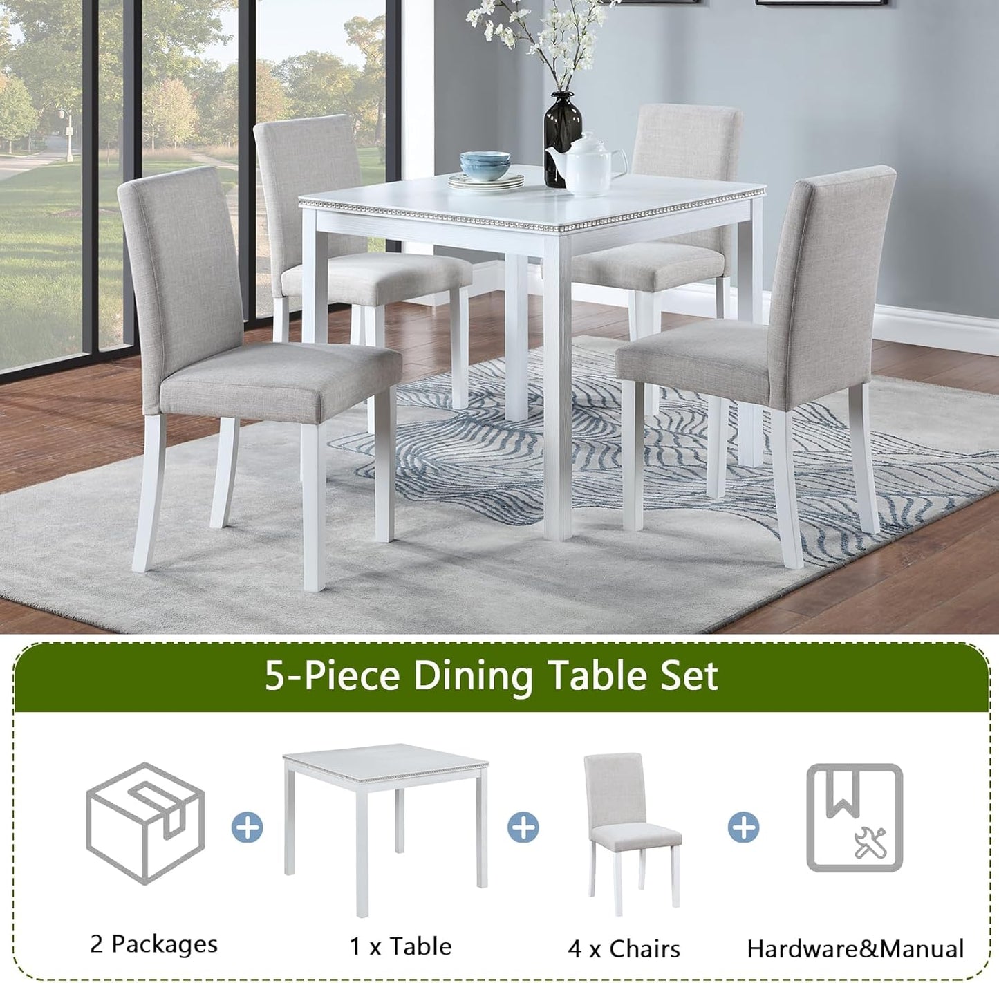 KEIKI 5-Piece Standard Height Dining Table Set with Square Table and 4 Upholstered Chair, for 4 Person, Modern Style Crystal Decoration Wood Table Set, Easy Assembly, for Kitchen, Dining Room, White