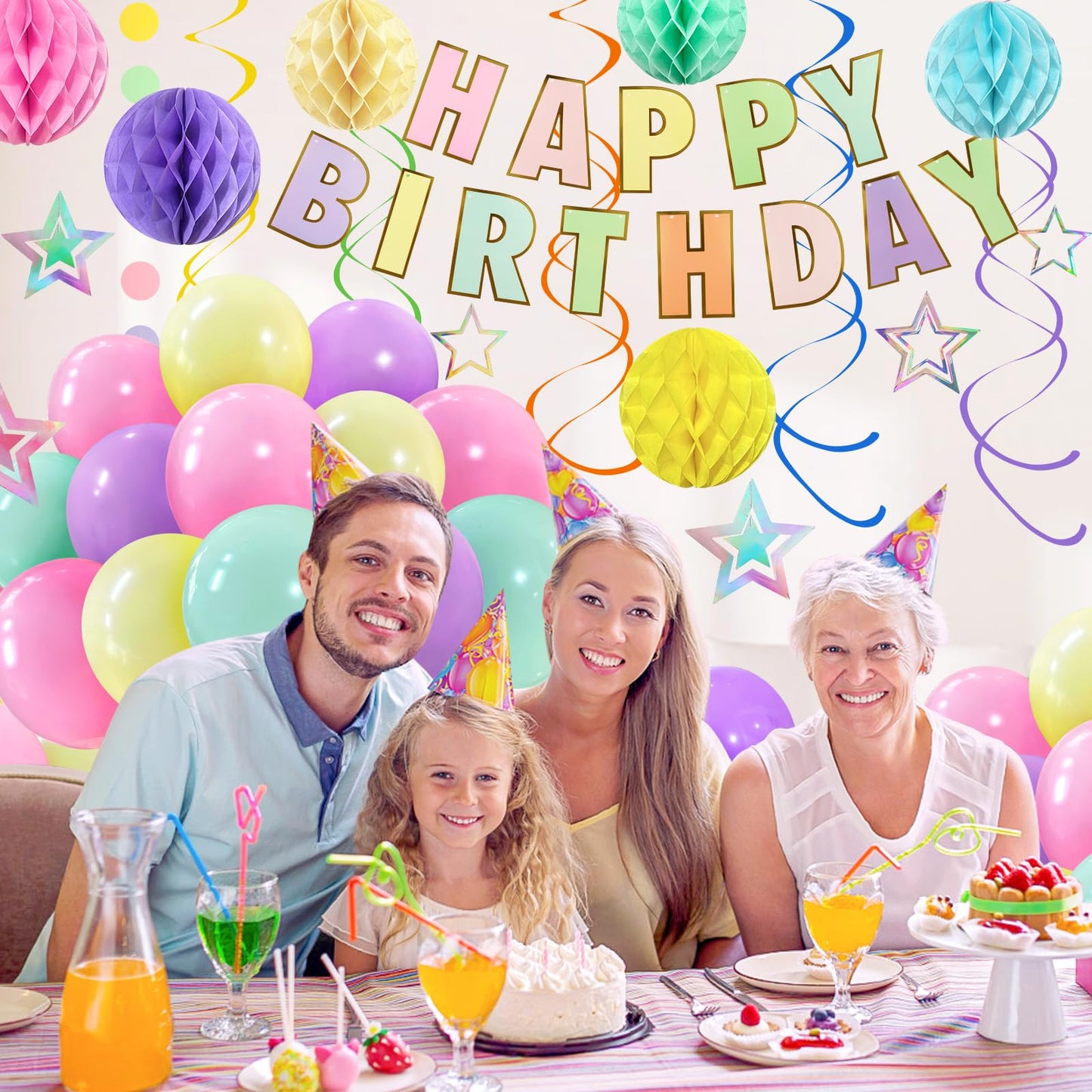 ZERODECO Birthday Decorations, Easy to Assemble Pastel Happy Birthday Banner with Honeycomb Ball, Balloon, Hanging Swirl Streamer, Garland, Happy Birthday Party Decorations for Women Girls Kids