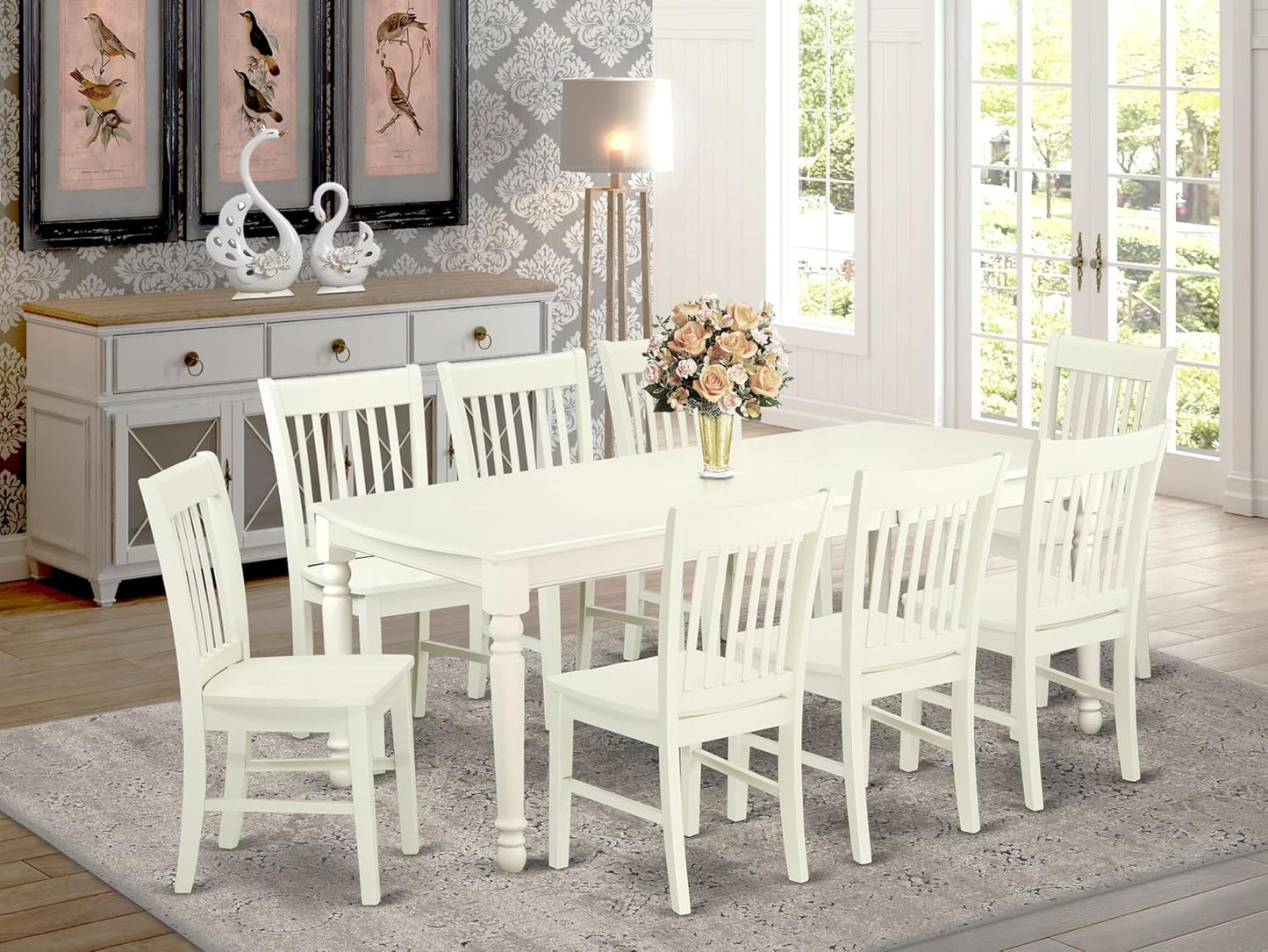 East West Furniture DONO9-LWH-W 9 Piece Dining Table Set Includes a Rectangle Dinner Table with Butterfly Leaf and 8 Dining Room Chairs, 42x78 Inch, Linen White