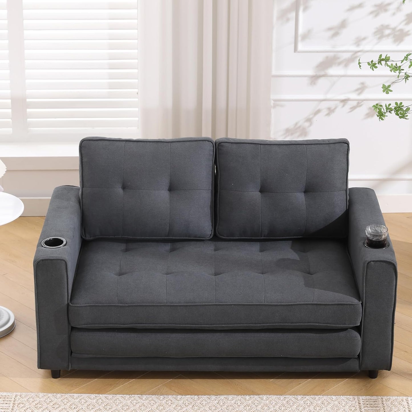 ERYE 3 Fold Tufted Upholstered Futon Sofa Bed Modern Convertible Foldable Floor Loveseat Sofabed with Pull Out Sleeper Couch Daybed W/Cupholders and Pockets for Living Room