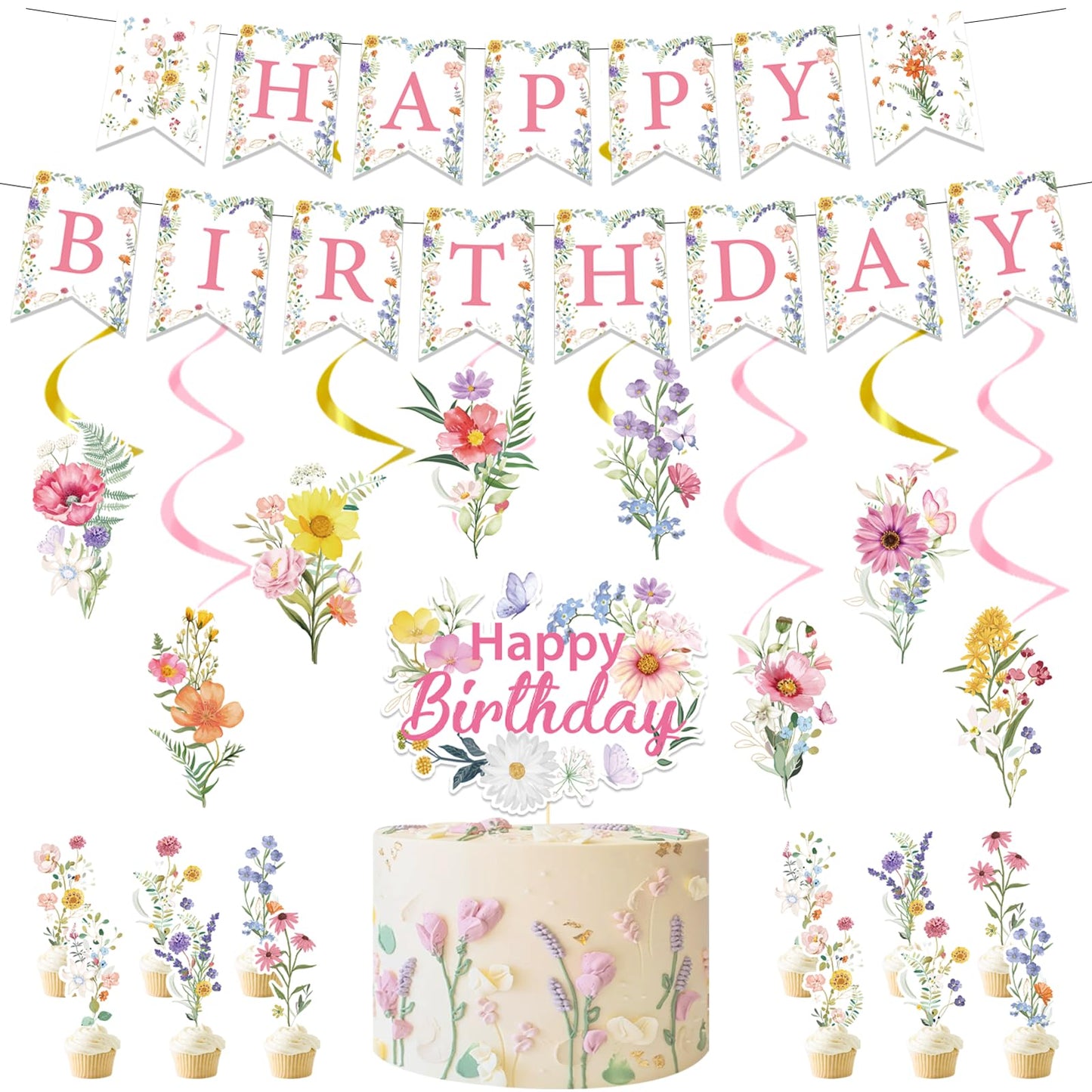 Rngmsi Wildflower Birthday Party Decorations - 35PCS Wildflower Happy Birthday Banners and Hanging Swirls Decoration for Girls Floral Cake Cupcake Toppers Party Decor Flower Theme Supplies for Women