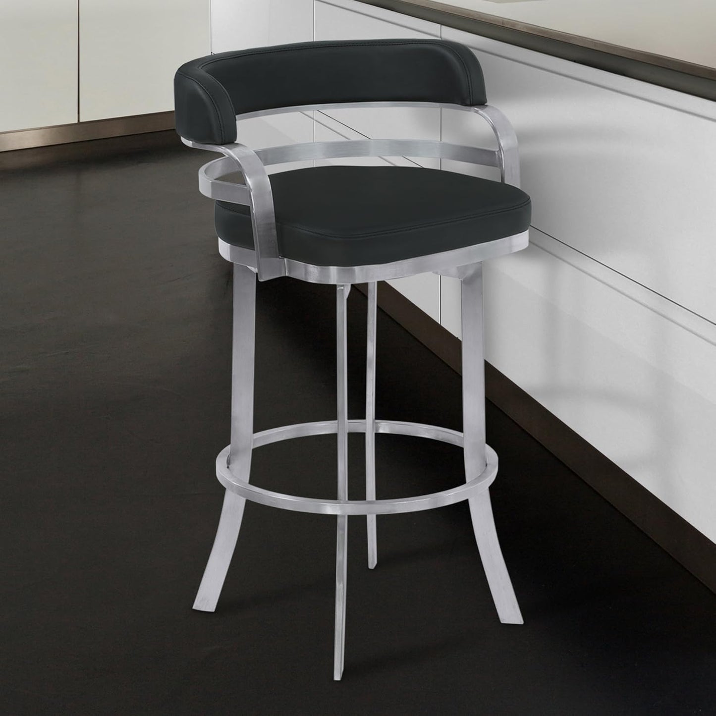 Armen Living Prinz 30" Bar Height Swivel Barstool in Black Faux Leather and Brushed Stainless Steel Finish