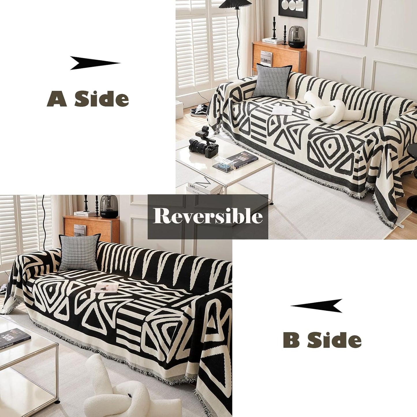 VM VOUGEMARKET Black Couch Cover for 2 Cushion Chenille Loeveseat Sofa Cover Dog Proof Furniture Protector Cover Universal Sofa Slipcover L Shaped Sectional Couch Cover with Tassels-71 x 118,Black