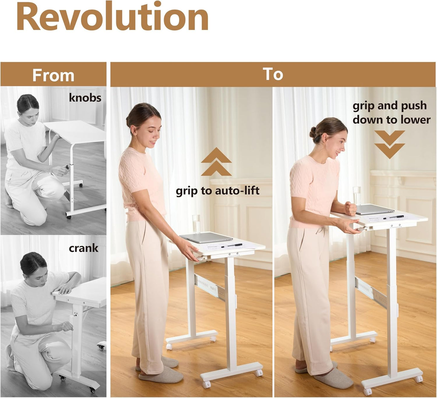 Non-Electric Auto-Lifting Standing Desk, No Knobs or Crank, Cordless, Rolling and Mobile, Great for Walking Pad, Adjustable Height 28.1'' to 43.3'', Desktop Size 31.5'' by 15.7'', Color White