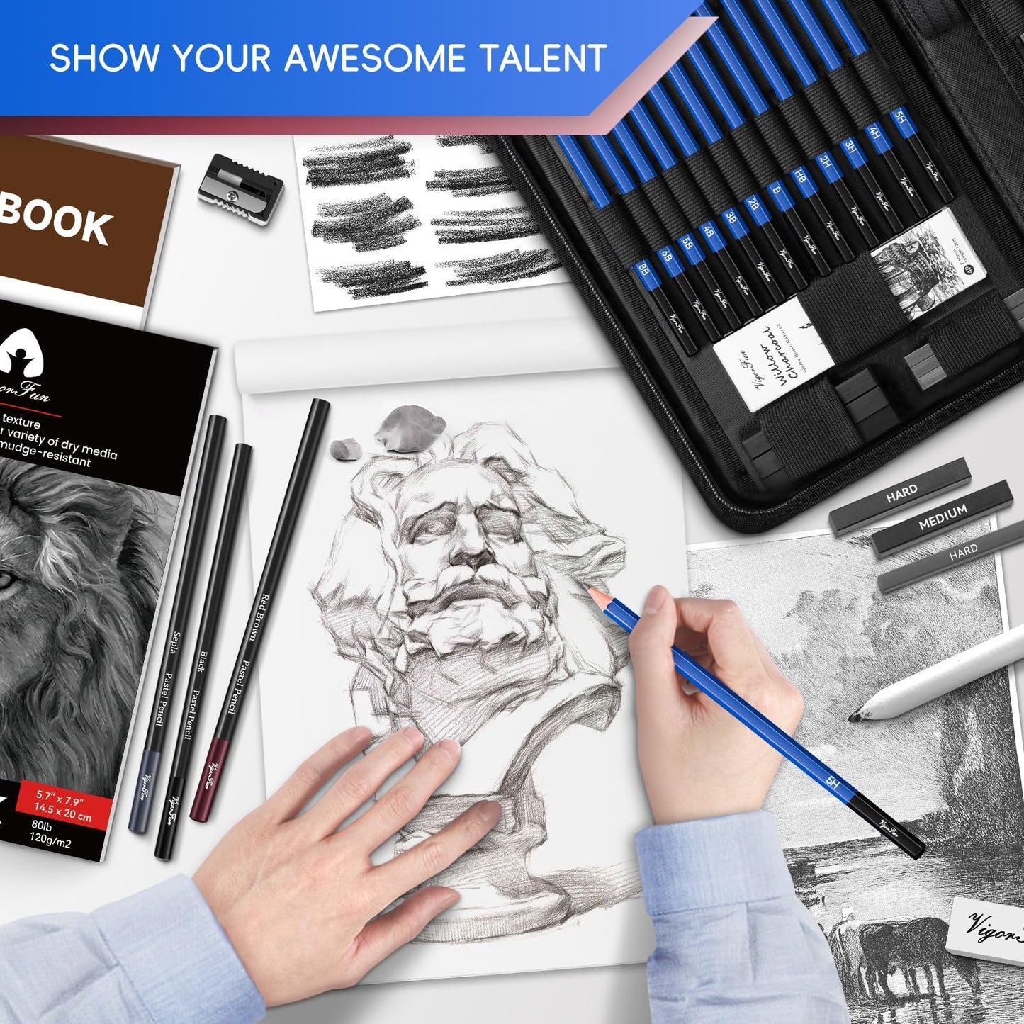 VigorFun Art Supplies, Sketching & Drawing Pencils Art Kit with 2 Sketch Pads, Professional Artists Drawing Supplies Set Includes Graphite, Charcoals, Kneaded Eraser for Adults (42 Pieces)