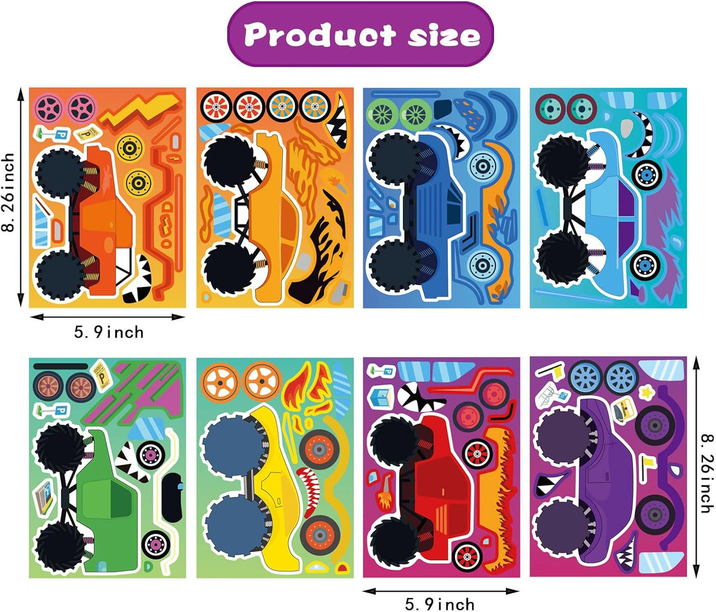 32PCS Monster Truck Stickers, Make Your Own Stickers, Monster Truck Themed Birthday Party Favor, Cartoon Car Make-a-face Sticker Teacher Classroom Rewards Activities for Girls Boys