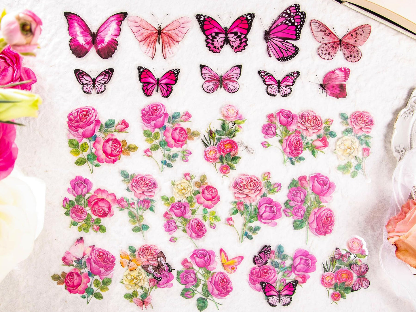 Knaid 300 Pieces Assorted Butterfly and Flower Stickers, Transparent Butterflies Floral Resin Decals Aesthetic Journaling Scrapbook Stickers for Card Making Bullet Junk Journal Planner Craft Supplies