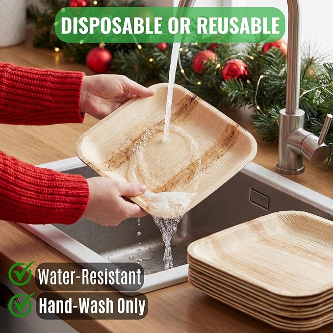 Palm Leaf Plates 10 Inch – 50 Pack Palm Plates with 50 Wooden Forks & 50 Knives – Bamboo Plates Disposable and Bamboo Dinner Plates for Weddings, Parties, Holidays, Christmas & New Year