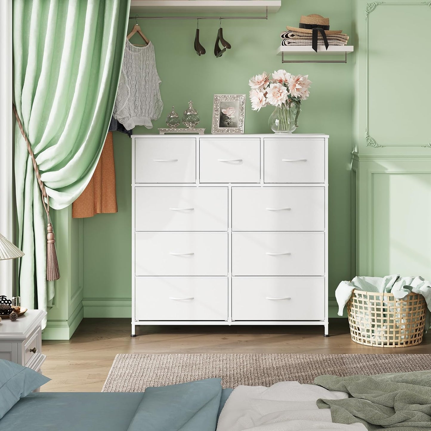 WLIVE 9-Drawer Dresser, Fabric Storage Tower for Bedroom, Hallway, Closet, Tall Chest Organizer Unit for Bedroom with Fabric Bins, Steel Frame, Wood Top, Easy Pull Handle, White