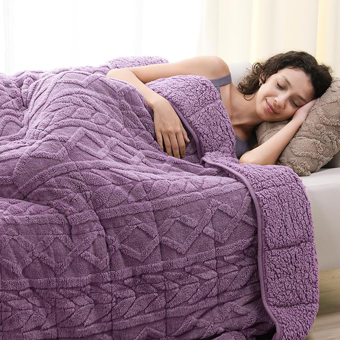 Cottonblue Jacquard Weighted Blanket 15lbs for Adults Twin Full Size, Soft Fuzzy Sherpa Fleece Weighted Throw Blankets 48x72 in for Relax and Sleep, Cozy Heavy Bed Blankets with Cemaric Beads, Purple
