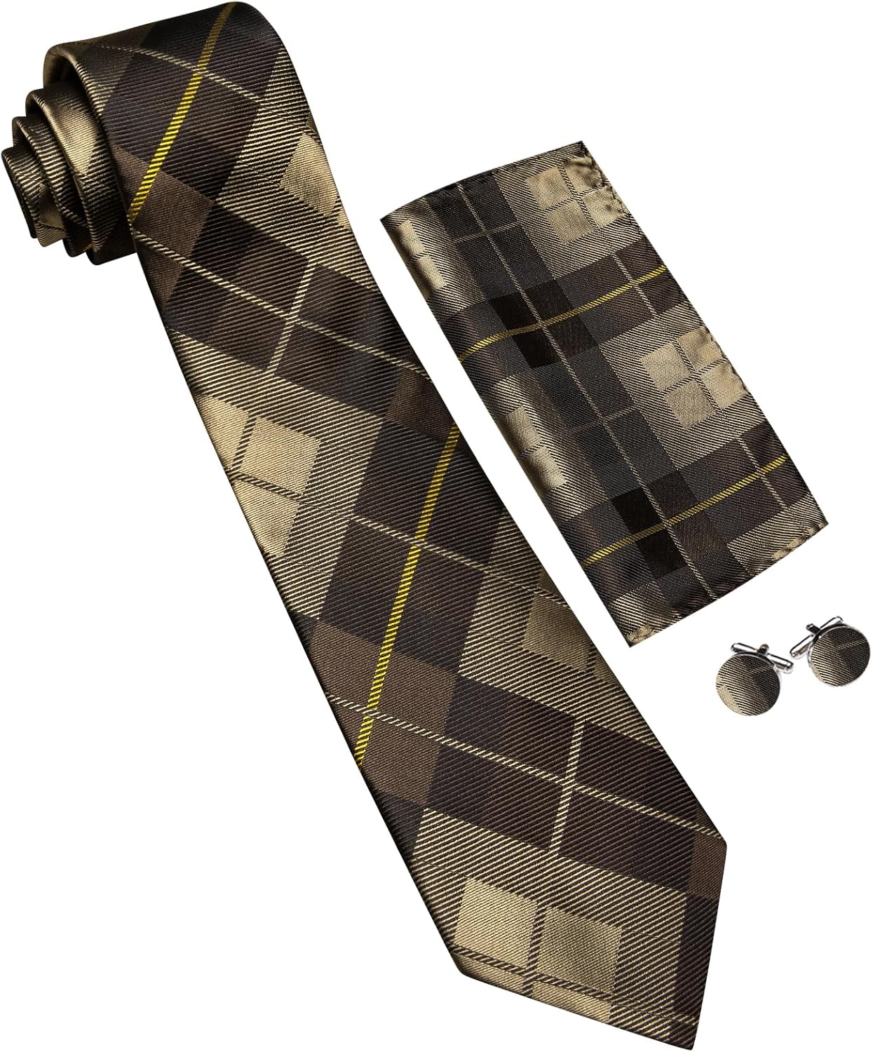 Barry.Wang Designer Classic Ties for Men Set Formal Pocket Square Cufflink Check Plaid