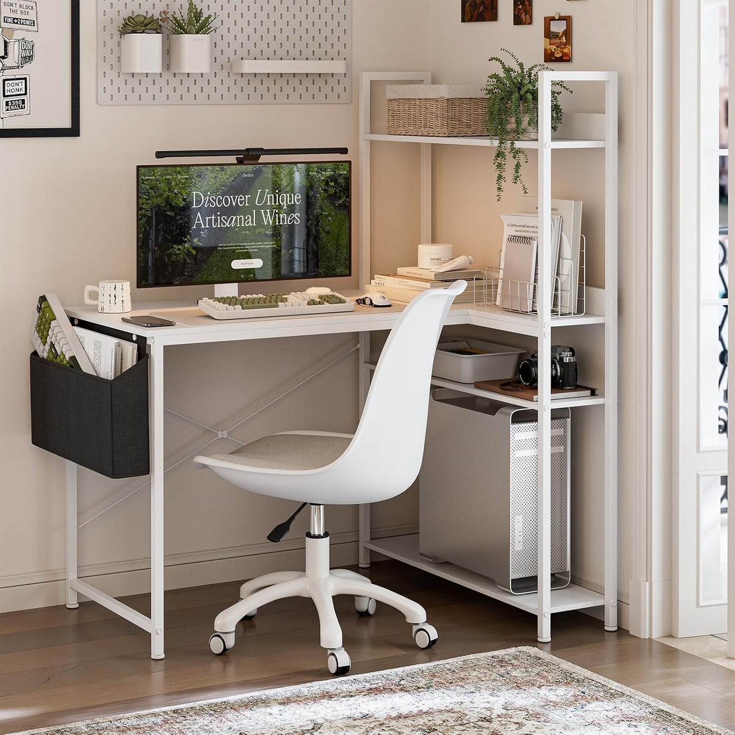 47 Inch L Shaped Computer Desk with Reversible Storage Shelves, Home Office Corner Desk Study Writing Table with Hutch, Study, White