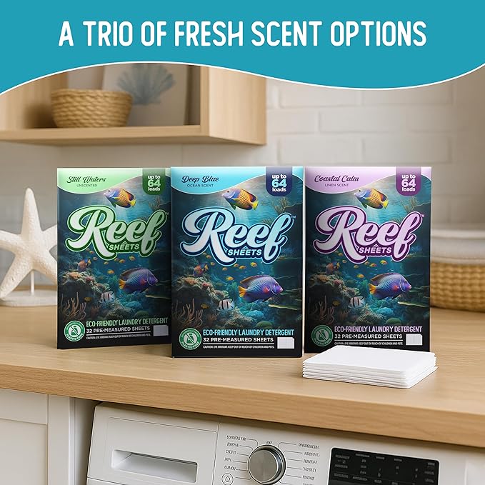 Reef Sheets Laundry Detergent Sheets, 192 loads, Hypoallergenic & Plastic-Free Eco-Friendly Packaging, Gentle on Skin, Tough on Stains, Travel-Friendly, Deep Blue Ocean Scent, 32ct (3 Pack)