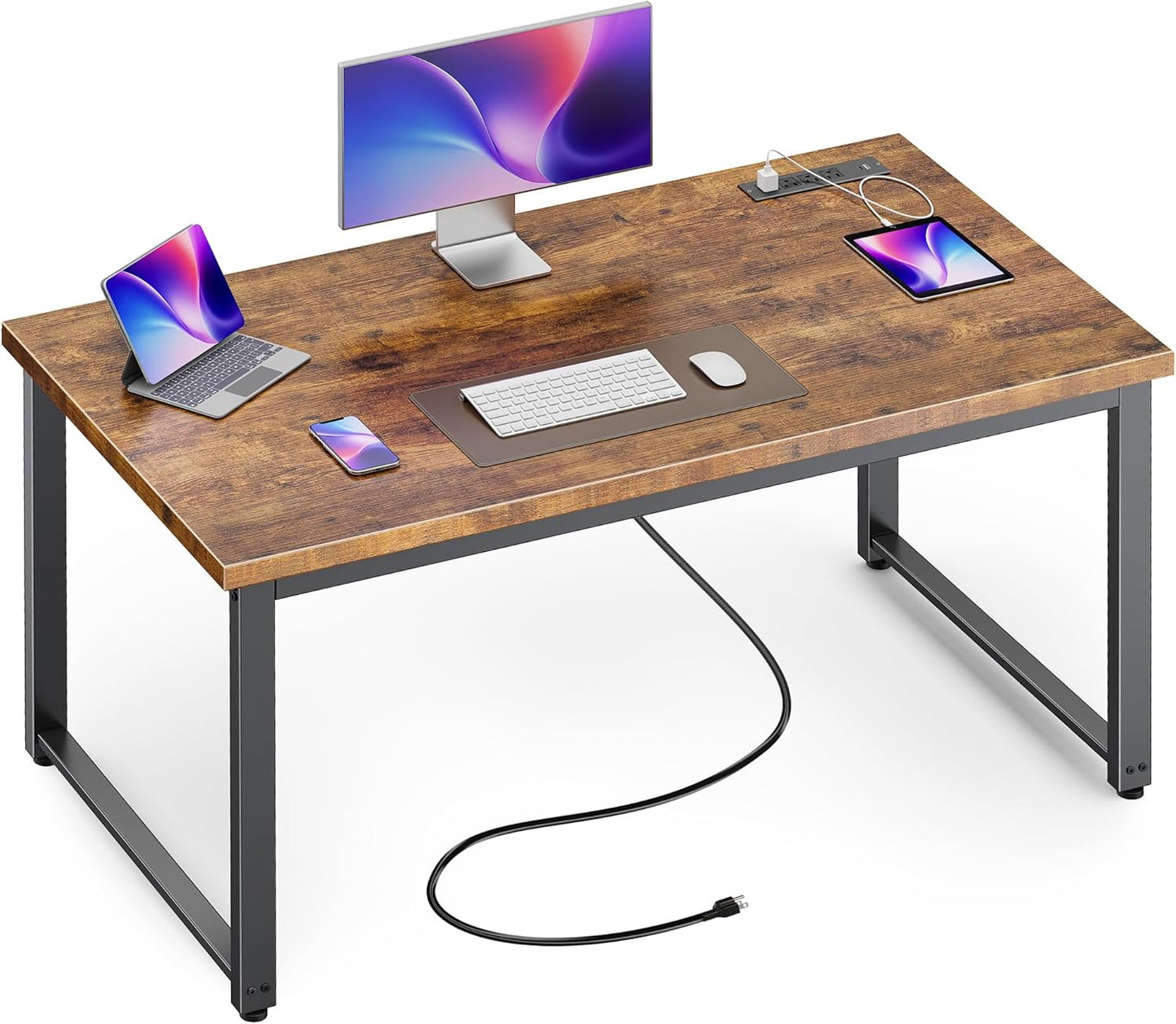 Huuger 48 x 24 inch Desk with Power Outlets & USB-C, Deeper & Thicker Desktop, Robust Metal Tubes, Computer Desk, Heavy Duty Office Desk, Work Gaming Desk for Home Office, Rustic Brown