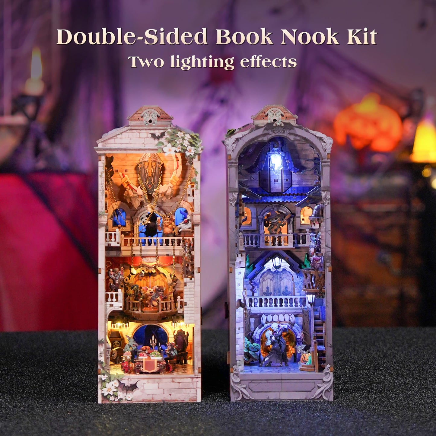 Tonecheer DIY Book Nook Kit for Adults, Double-Sided Booknook Wooden 3D Puzzle Bookend Miniature House Kit, Fantasy Bookshelf Decor with Dust Cover and LED Light for Birthday Gifts (Monster Carnival)