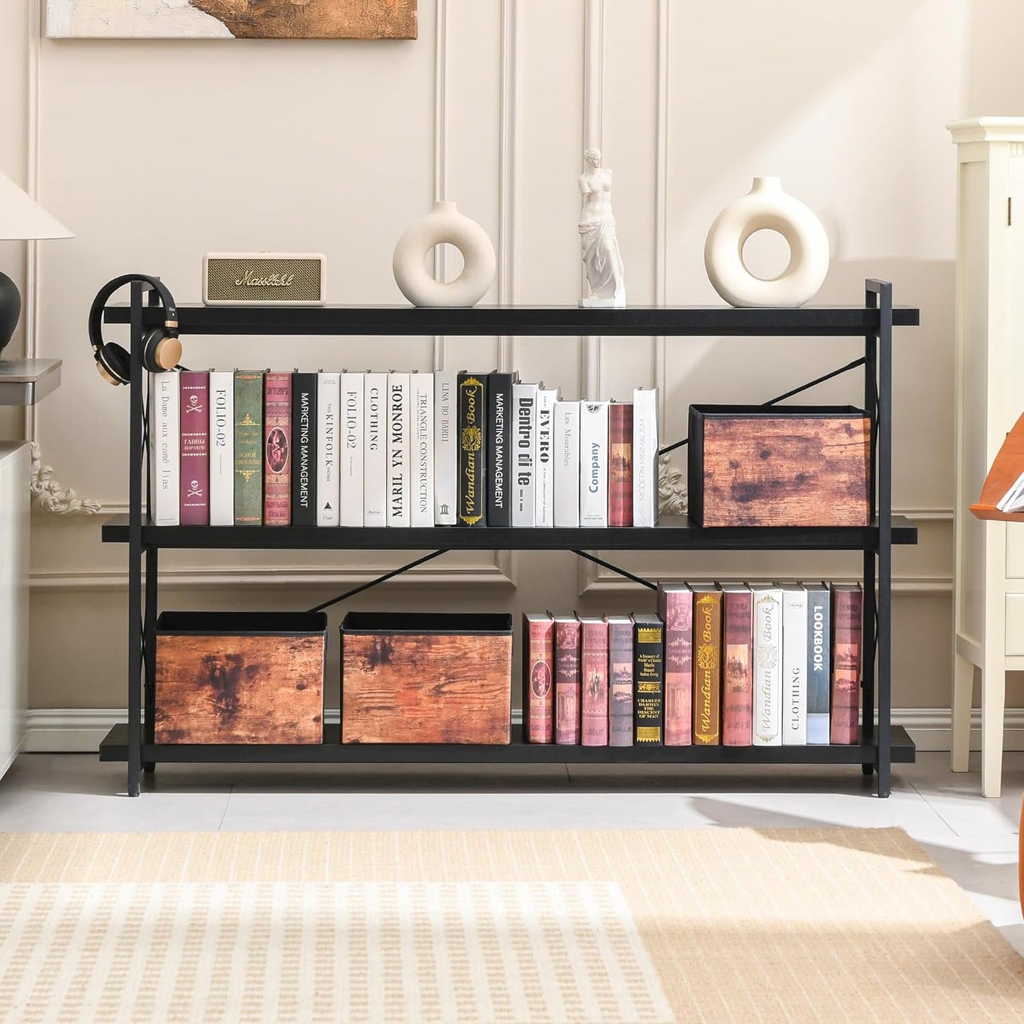 HCHQHS Bookshelf, 3-Tier Long Industrial Bookcase, Black Open Book Shelf, Freestanding Horizontal Bookshelves with Metal Frame