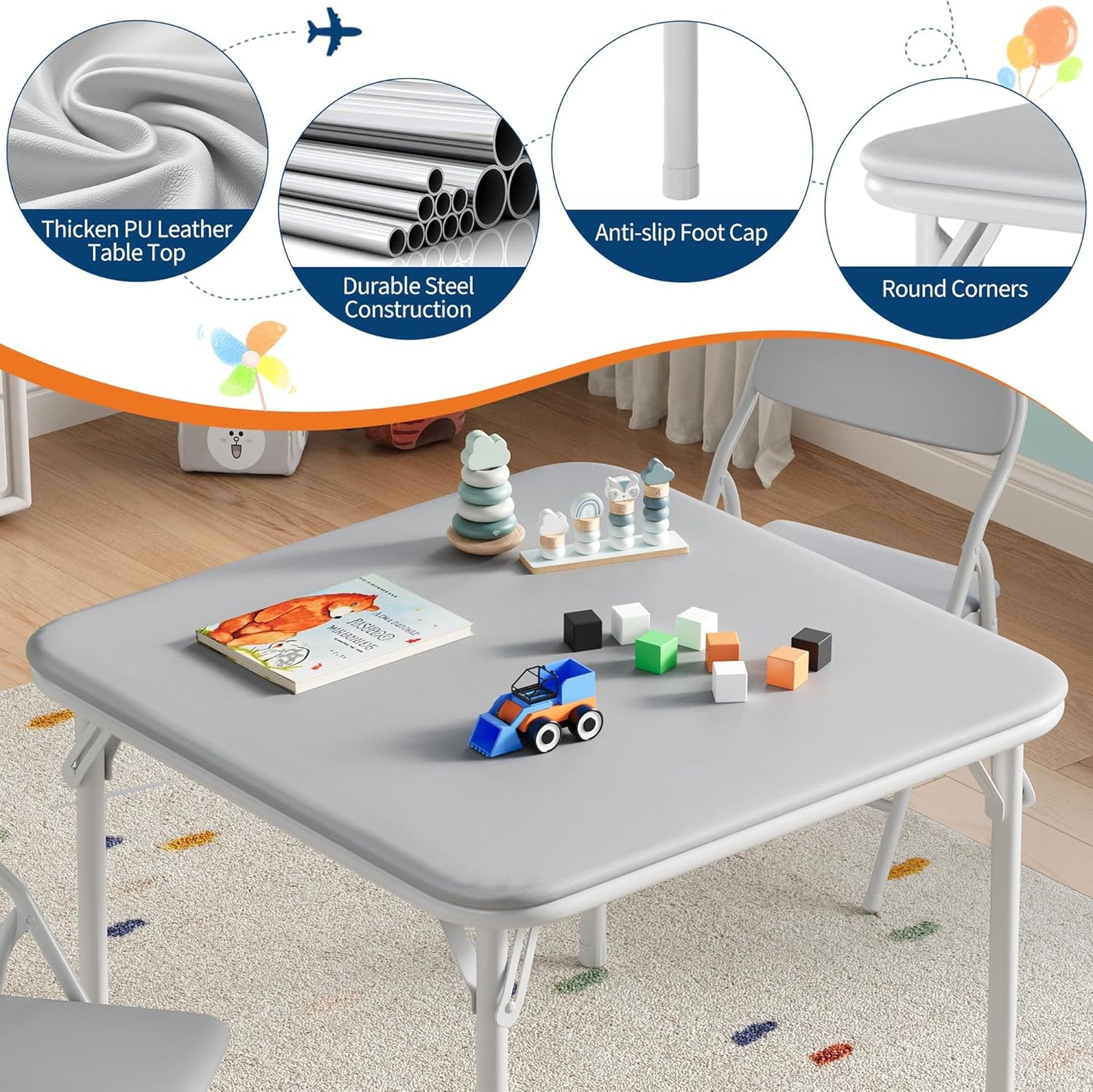 GarveeHome 3-Piece Kids Folding Table and Chairs Set, Toddlers Children's Activity Table and Chairs Set for Dining Room,Daycare,Classrooms