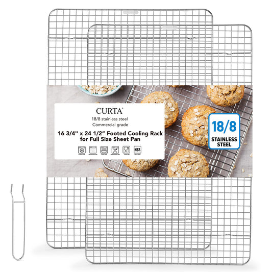 CURTA 2 Pack 16.8" X 24.4" Chef Cooling Rack,NSF Listed 18/8 Stainless Steel Oven Safe Grid Wire Cookie Cooling Racks for Baking & Cooking - Commercial Grade comes with Lifting Handl