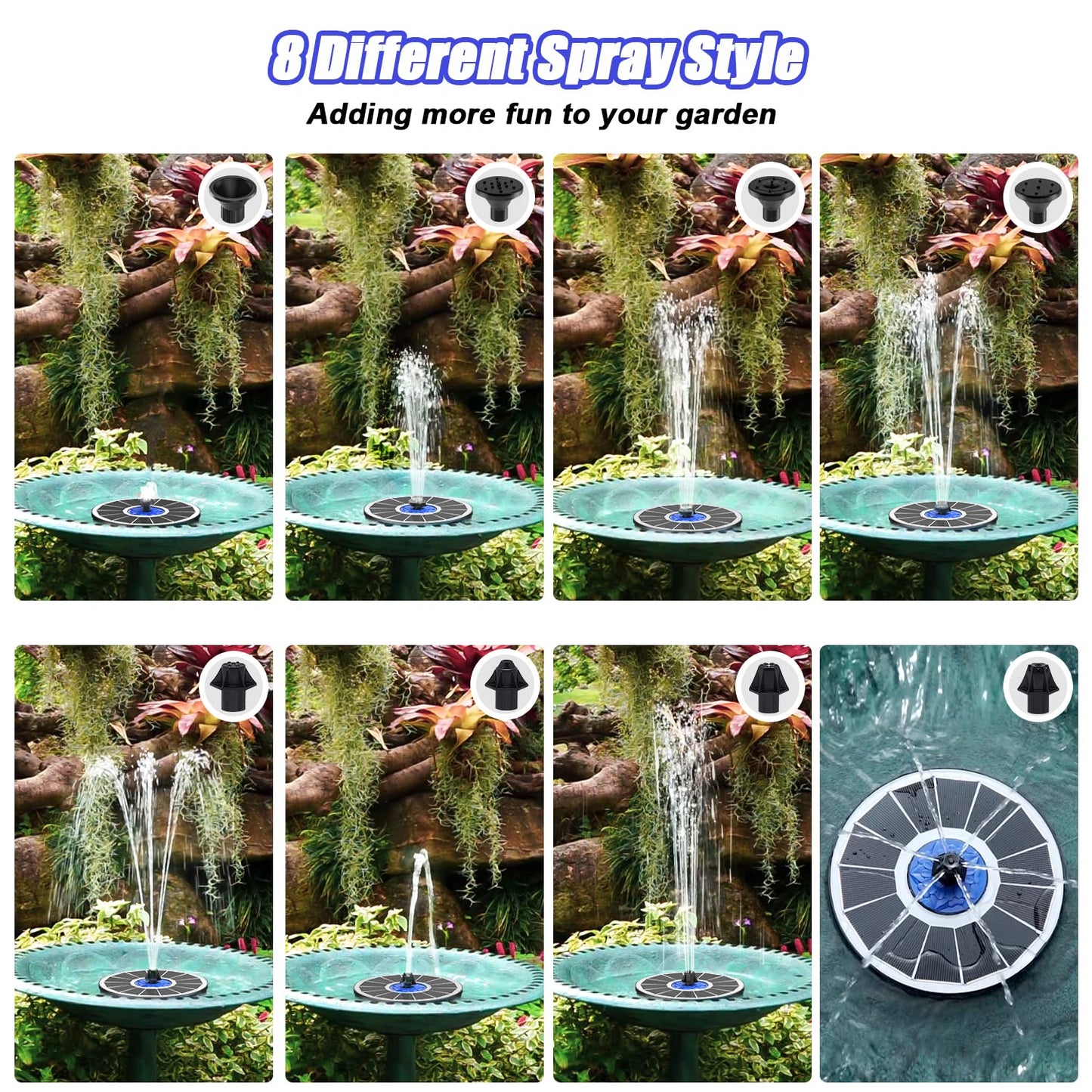 SZMP Solar Fountain Upgrade, 3.5W Solar Powered Bird Bath Fountains with Flower, Outdoor Water Feature Solar Pump with 7-in-1 Nozzles, 4 Fixed Pipes for Humingbirds, Garden, Pool, Pond, and Fish Tank