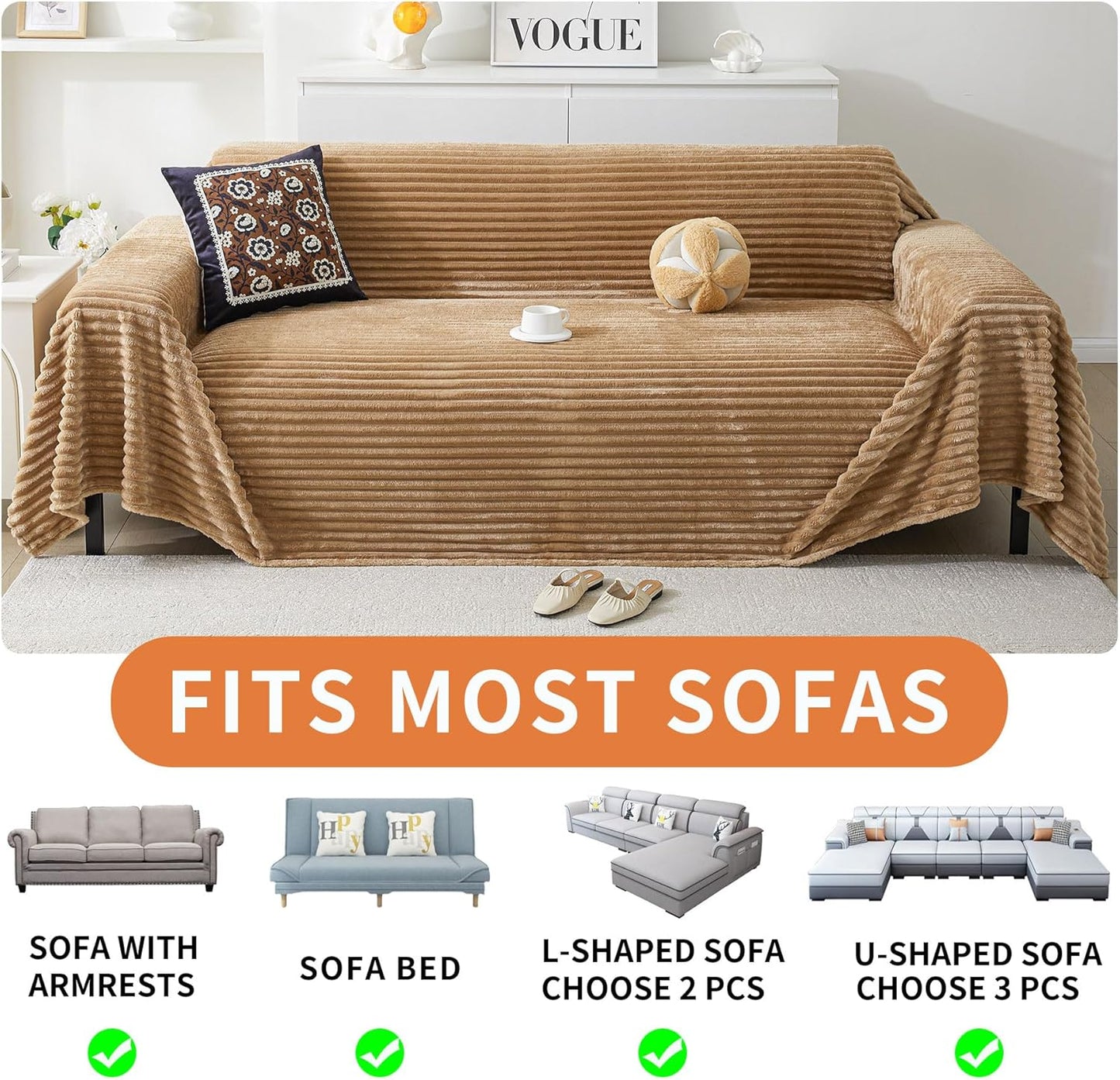 HAOMAIJIA Faux Fur Sofa Covers Couch Covers for 2 Cushion Couch Sofa Pet Friendly Soft Non Slip Couch Cover for Dogs Washable Sectional Couch Covers L Shape Furniture Protector (Khaki, 71"x102")