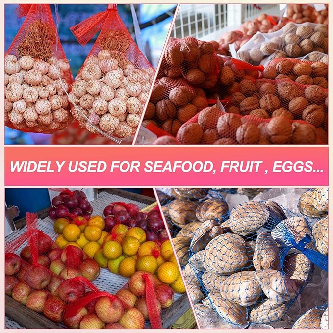 uxcell 100PCS Reusable Mesh Produce Bags, 17.7 Inches Egg Hatching Bags Washable Breathable Fruit Net Stretchable Mesh Netting Storage for Seafood Vegetable Onion Grocery Shopping, Red