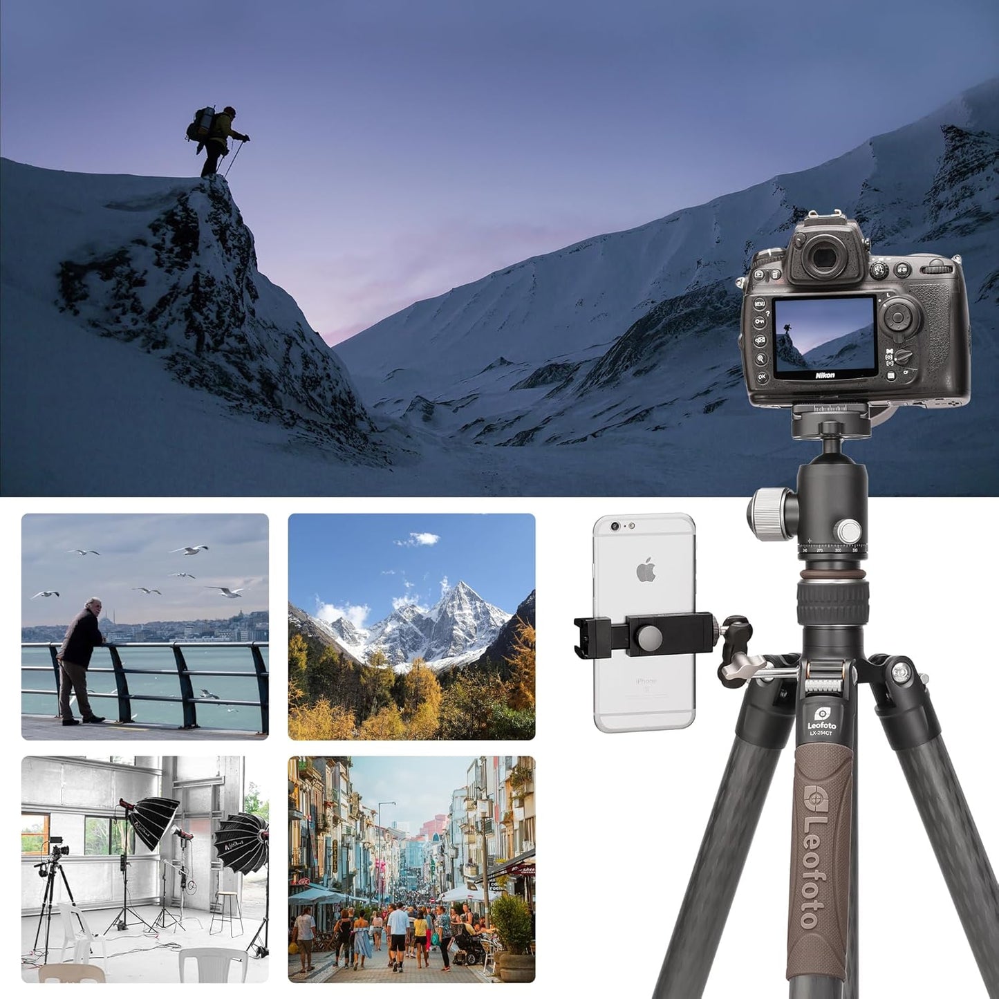 Compact Carbon Fiber Travel Camera Tripod with Ball Head, Reverse Folding Design, Maxload 8kg, Folded Height 450mm (LX-254CT+XB-32)