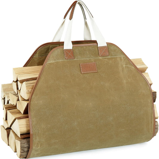 INNO STAGE Canvas Log Carrier Bag,Durable Wood Tote,Fireplace Stove Accessories,Extra Large Firewood Holder with Handles for Camping (44" L x 21" W-Khaki)