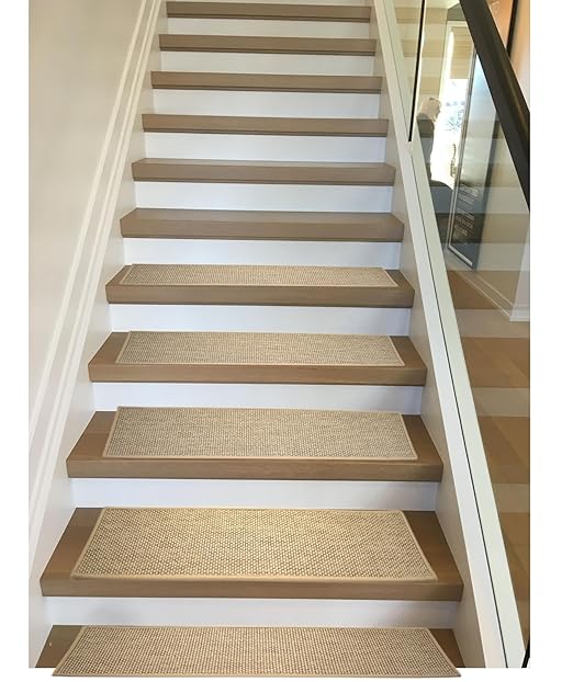 Natural Linen Stair Treads for Wooden Steps, 7 Pcs 8" x 30",Non Slip Stair Runner, Peel and Stick Carpet Indoor for Kids Elders and Pets (7, Beige, 8" x 30")