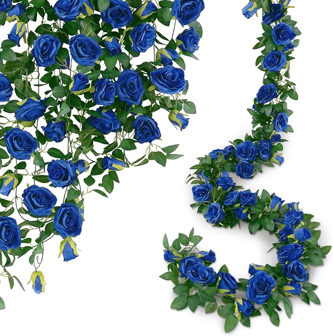 U'Artlines 3 Pack Artificial Royal Blue Rose Vines Floral Garlands Total 19.5 Ft Fake Vine Silk Flower Garland for Indoor Outdoor Home Wedding Arch Garden Wall Decoration
