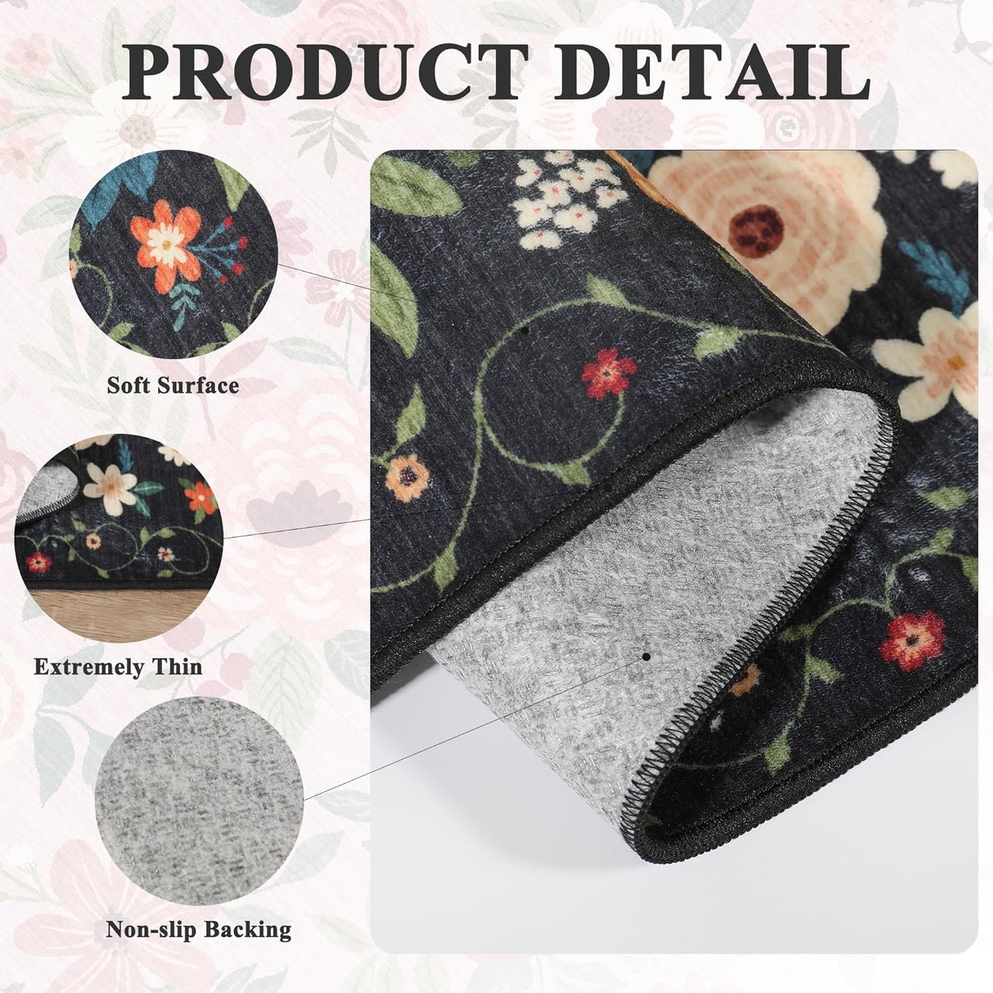 DUKINO 3x10 Runner Rug for Hallway, Washable Kitchen Floral Runner Rug with Non Slip Backing, Low Pile Soft Boho Carpet for Kitchen, Hallway, Entryway, Laundry, Bedroom, Black