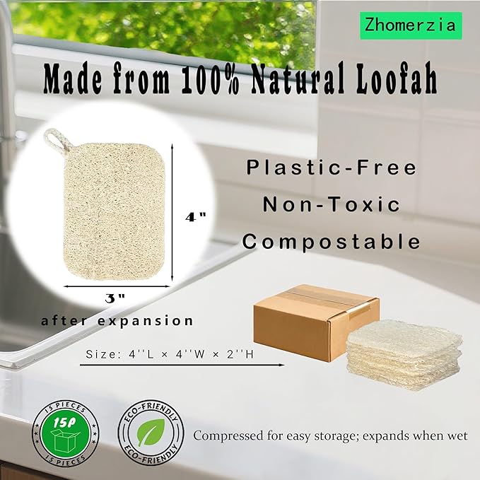 Natural Loofah Dish Sponge,Compostable, Kitchen Sponge,All-Purpose,Non-Toxic,Plant-Based,Eco-Friendly (Pack of 15)