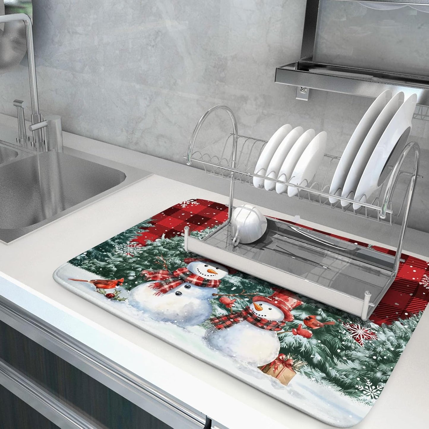 Christmas Snowman Dish Drying Mat for Kitchen Counter Xmas Trees Snowflake Buffalo Plaid Drying Mat 18x24 Inch Winter Holiday Absorbent Dish Drainer Mat Christmas Kitchen Accessories