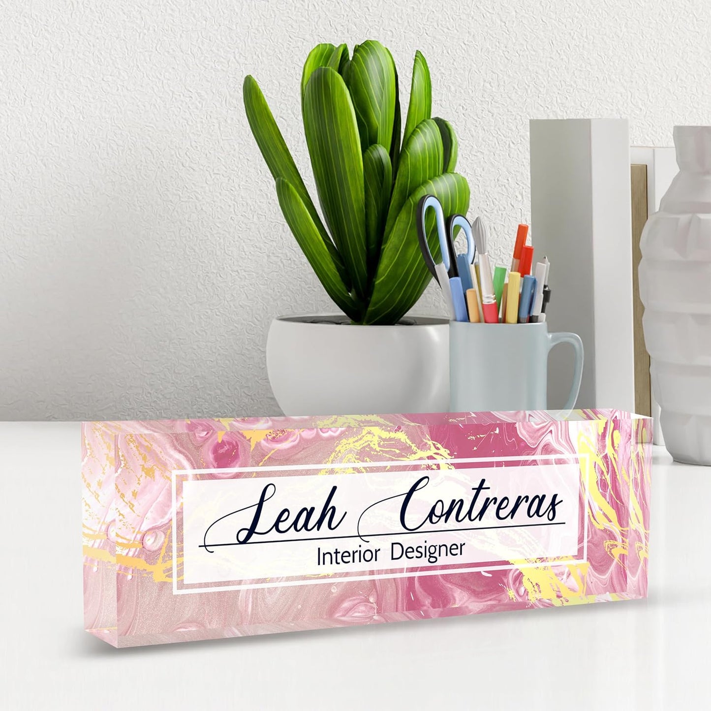 Personalized Name Plate for Desk Custom Acrylic Desk Name Plate Custom Employee Appreciation Gifts Office Gifts for Women, Men, Boss, Coworkers, Teacher, Nurse (Pink Flow Gold)