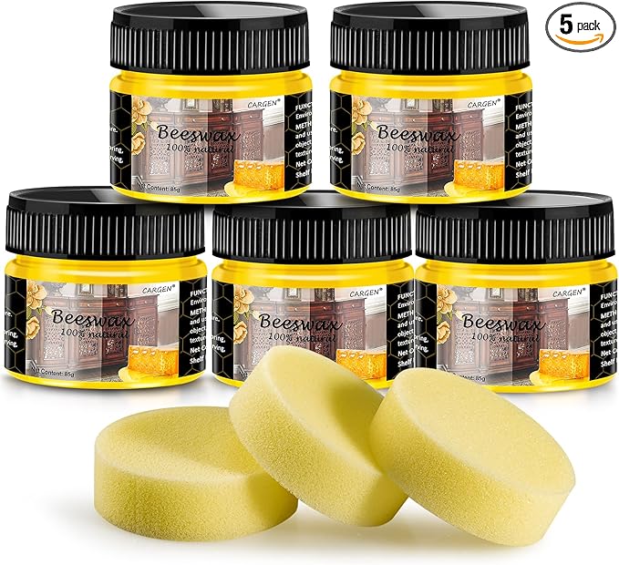 CARGEN Beeswax Furniture Polish, Wood Seasoning Beeswax for Furniture Wood Wax for Dining Table Floor Doors Chairs Cabinets to Protect and Care 5pcs Beeswax Polish and 3pcs Sponges