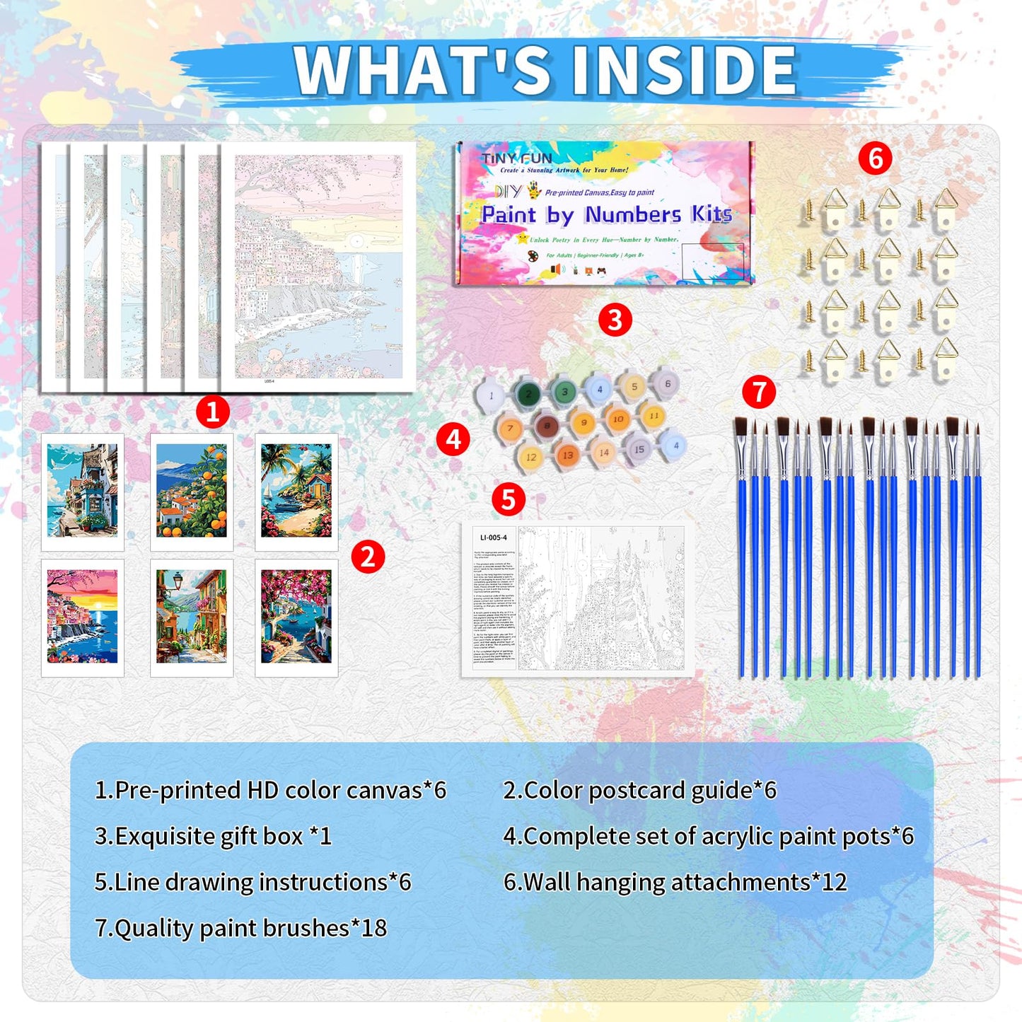 6 Pack DIY Paint by Number Kit for Adults - Mediterranean Coastal Scenery Oil Painting Set, 12x16 Inch Canvas (No Frame), 18 Vivid Acrylic Paints - Stress Relief Art Craft for Home Decor & Gifts