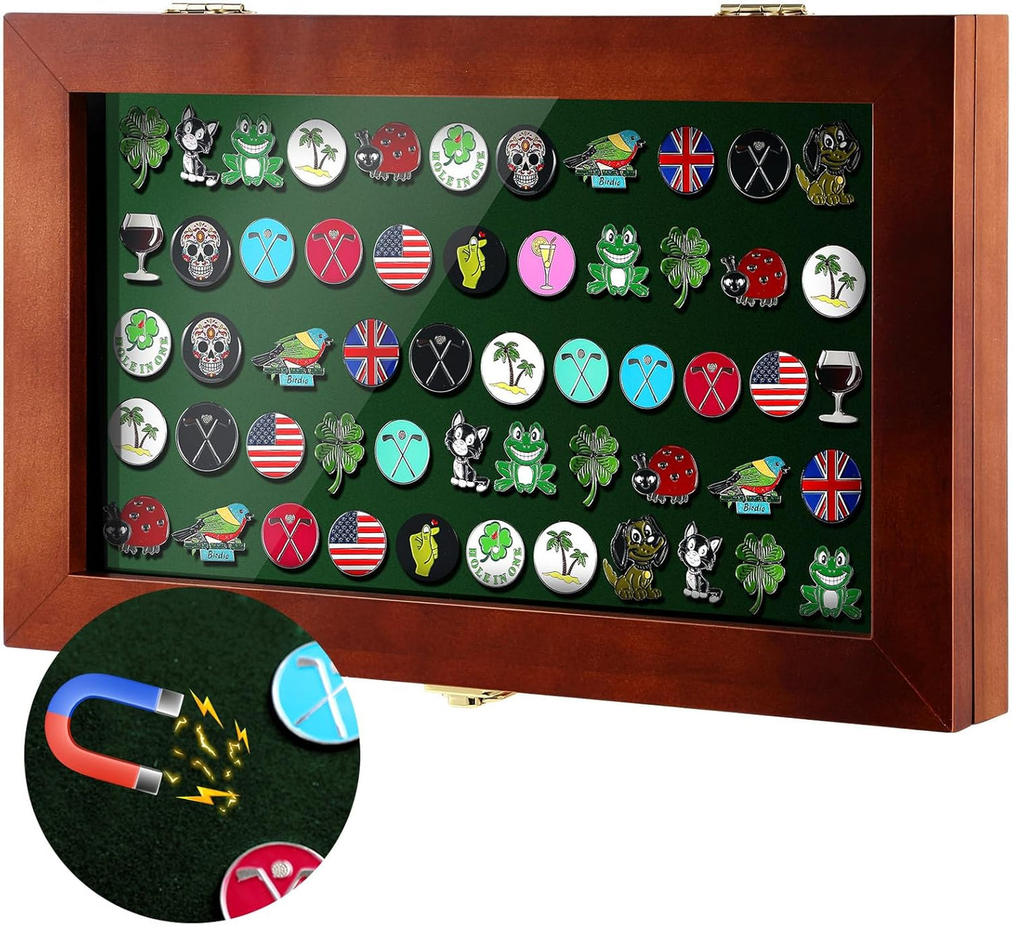 40 Golf Ball Marker Display Case Full Magnetic Backing 15.5" W x 9.5" H Wall Mount Wooden W/98% UV Acrylic Door Lockable Storage Display Box for Ball Marker Collection (Brown)