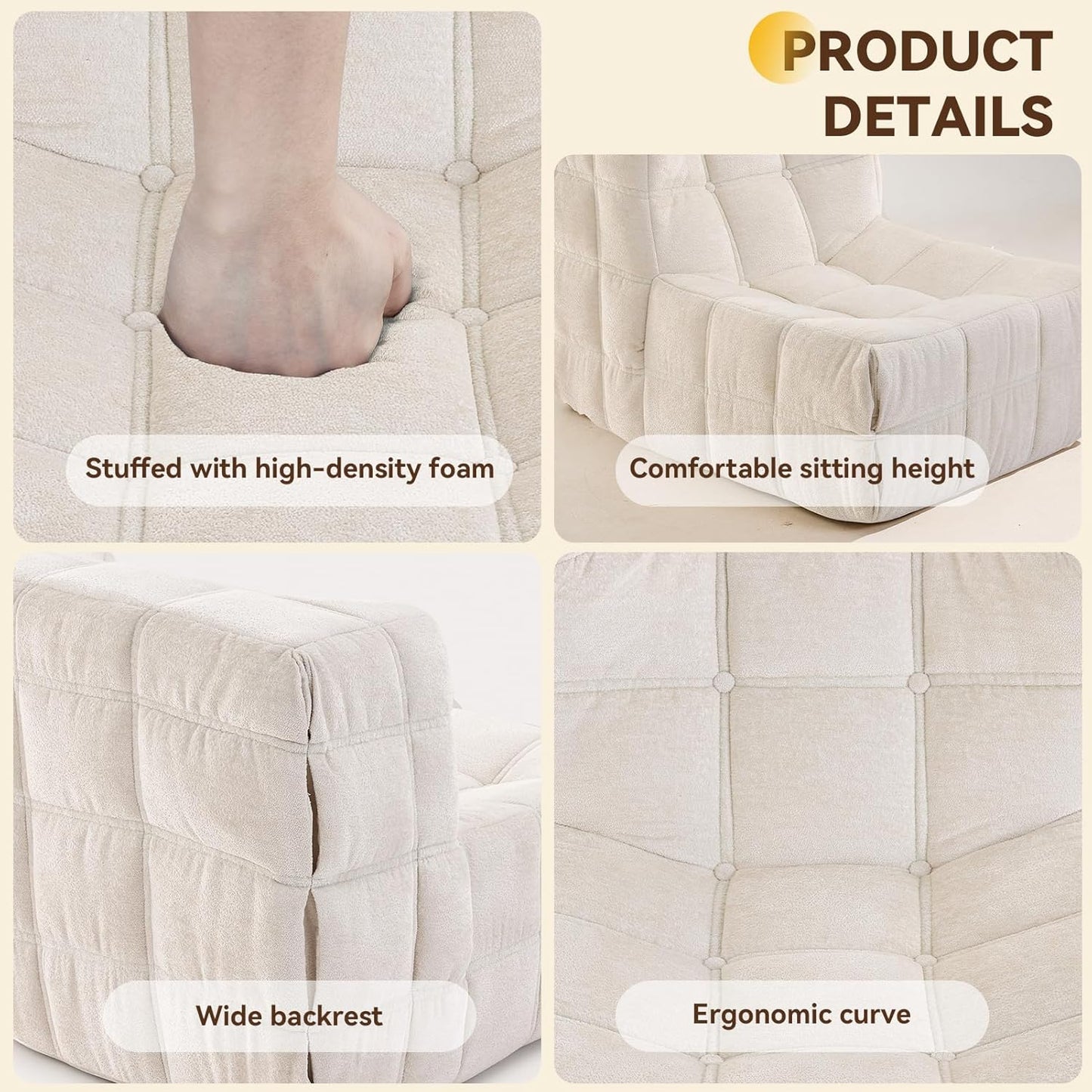 Bean Bag Chair, Soft Chenille Pre-Filled Lazy Chair Floor Sofa Bean Bag Chair for Adults and Teens, Accent Chair for Living Room Bedroom Apartment (Ivory)