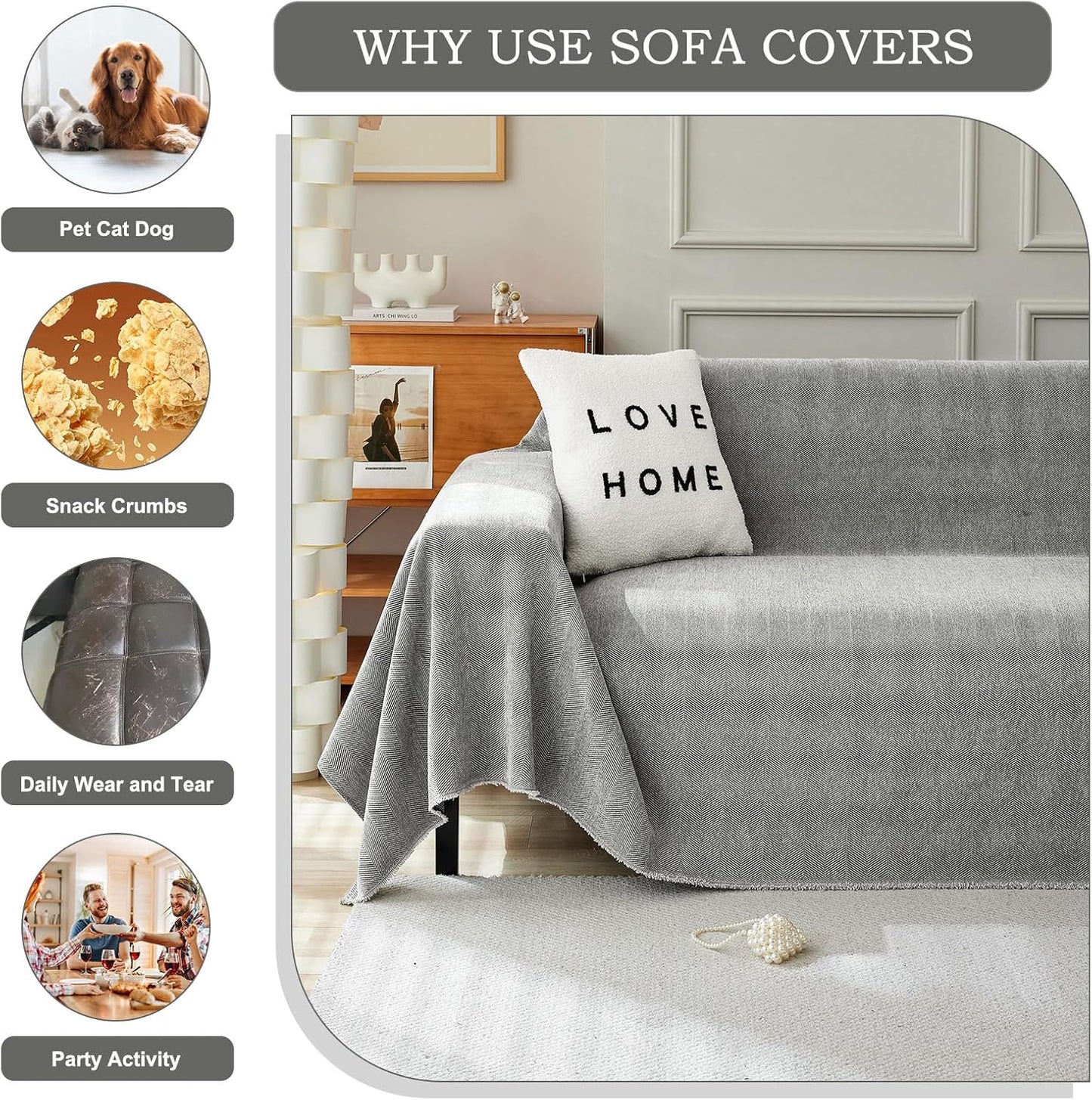 STACYPIK Soft Dark Gray Couch Cover for Pets, Herringbone Jacquard Sofa Covers for 3 Cushion Couch,Skin-Friendly Washable Sofa Covers for Loveseat, Non Slip Sectional Sofa Blanket Cover-91X134IN