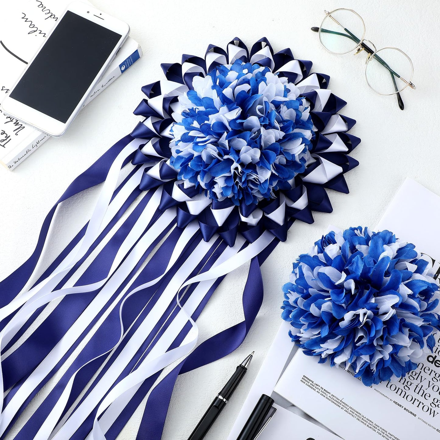 Knitgrip 3 Pcs Blue and White Homecoming Mum Flowers 6.5" Silk Homecoming Mum Supplies Trinkets 21 Layers Artificial Flowers Kits for Back to School Week Party Decorations